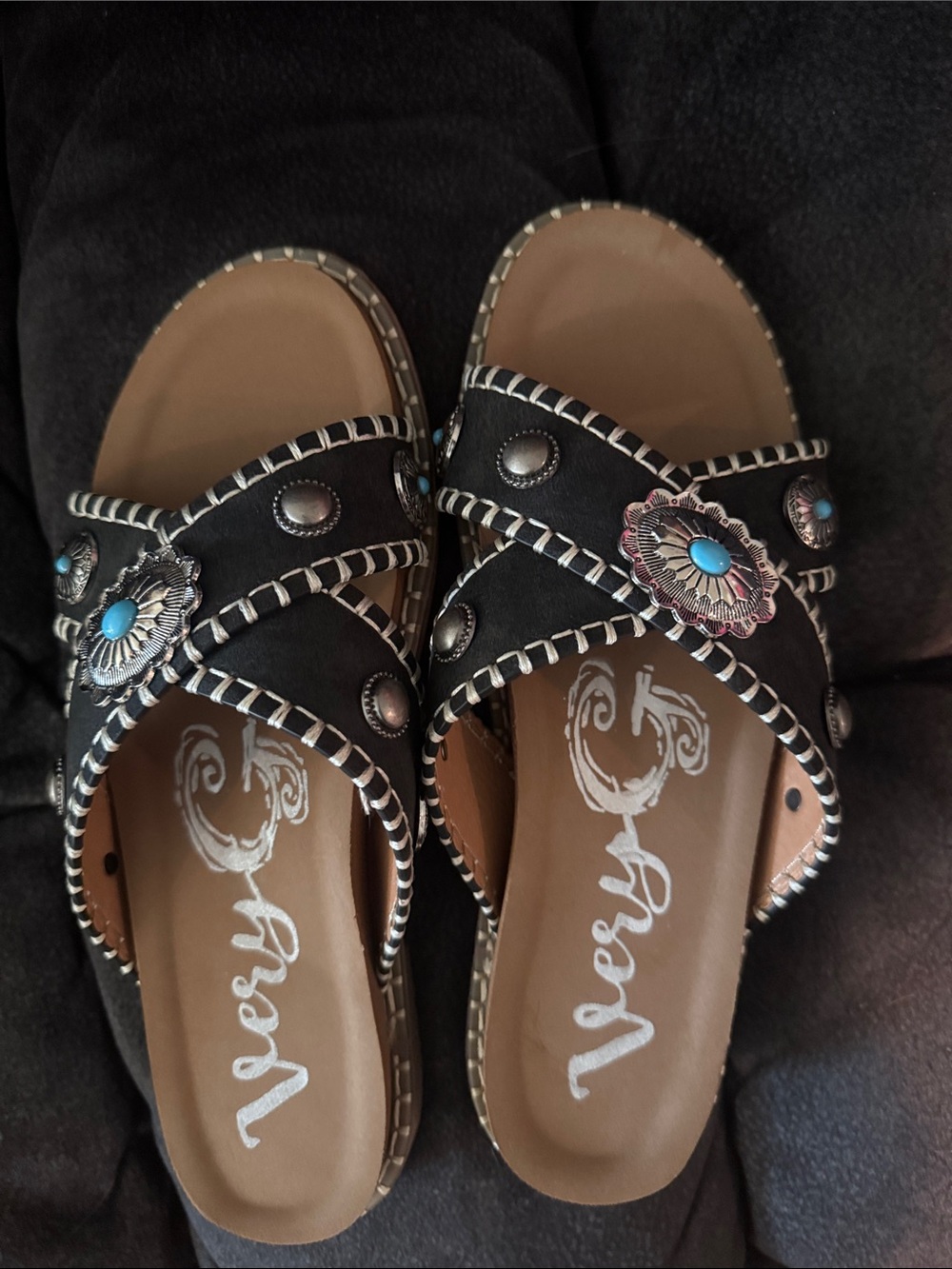 Very G Black Slide Sandals with Turquoise Accent Conchos